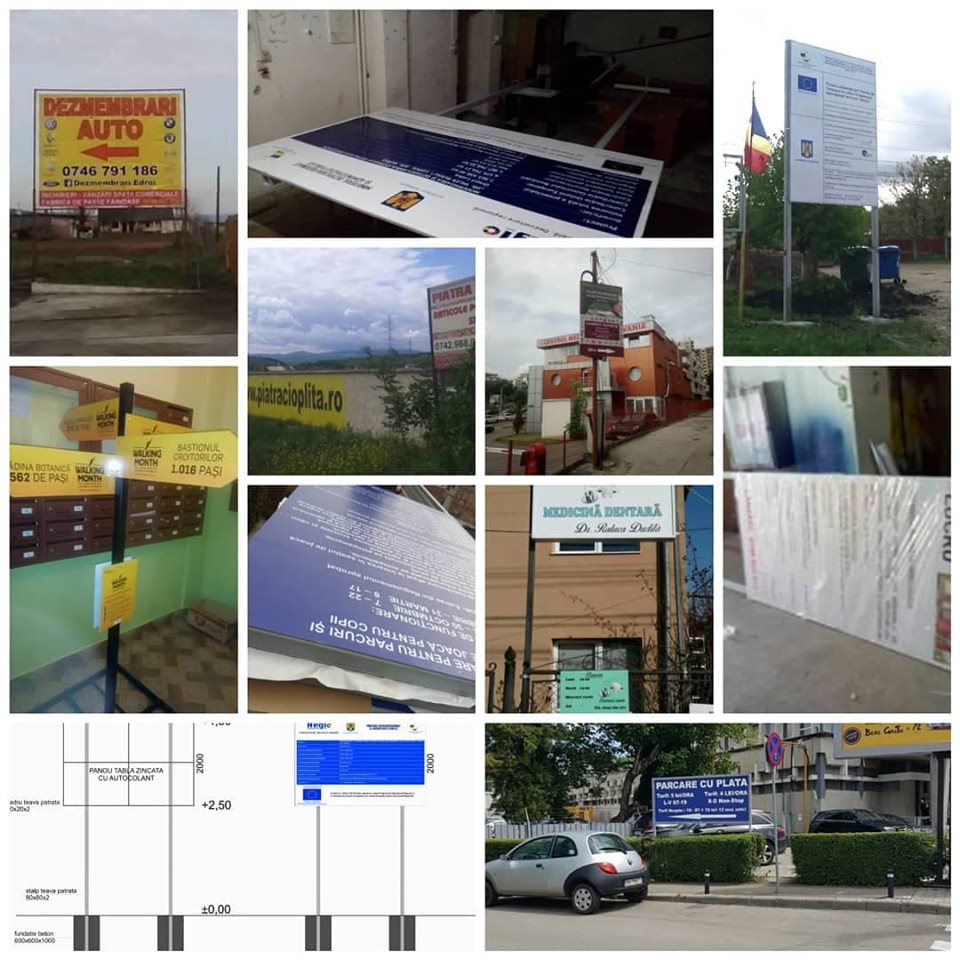   Panouri publicitare, Producem Panouri publicitare stradale exterior, Panouri informative pentru fonduri europene interior si exterior -oriunde in tara
- Panouri informative constructie metalica - protejare anticoroziv
- Panouri publicitare informative cu fete din tabla zincata, banner frontlit, placi alucobond, placi komatex cele mai bune preturi
- Panouri metalice de sine statatoare cu picioare metalice fixate in sol care pot avea afisaj din tabla, alucobond sau banner
- Panouri metalice cu banner tensionat pe structura
- Panou publicitar stradal, panou informare
- Panouri publicitare de informare cu simpla sau dubla fata
- Panouri publicitare poliplan
- Panouri de mari dimensiuni Panouri Fonduri Europene
- Panou Identificare Santier - Placuta de santier in lucru - Panou Avertizare Santier in lucru - Panou informare santier in lucru.
- Pancarde publicitare